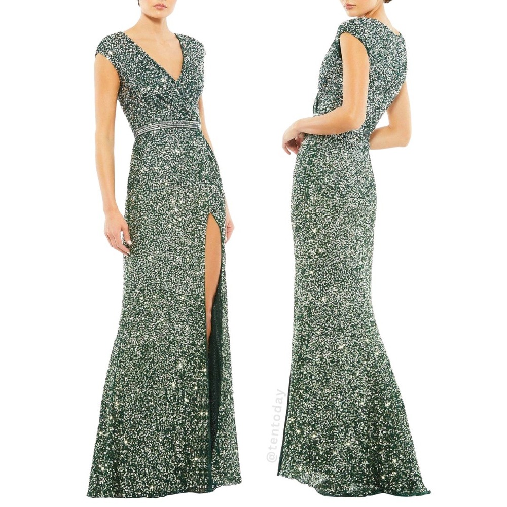 NWT Mac Duggal Size 4 Green Silver Sequin V-Neck Cap Sleeve Long Maxi Gown Dress